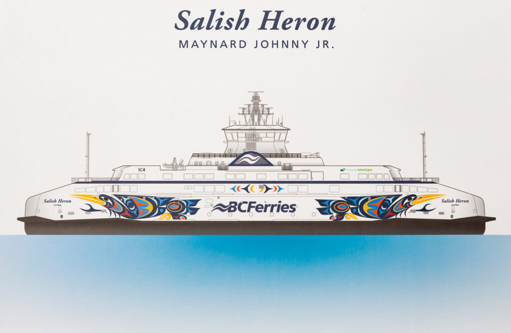 Salish Heron Artwork by Maynard Johnny Jr. of colourful herons in Coast Salish style