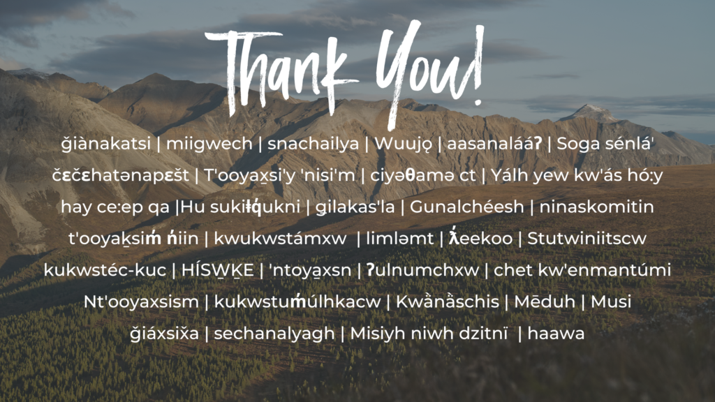 The term for Thank you in all 34 First Nations Languages of B.C. are displayed with an image of mountains in the background.