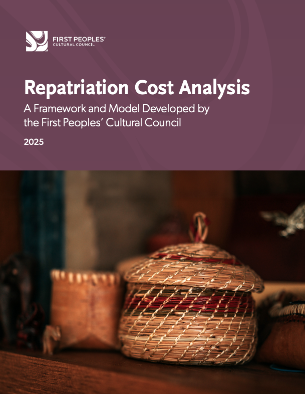 Cover of the FPCC report Repatriation Cost Analysis: A Framework and Model. Top section is purple and lower section shows a photo of birchbark and grass baskets.