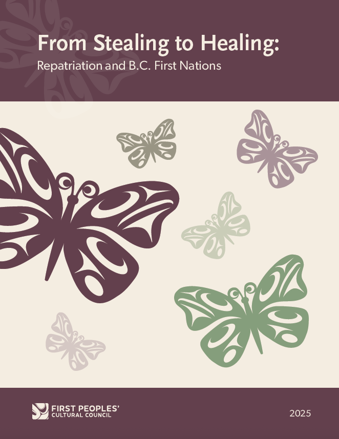 Cover of the FPCC research report From Stealing to Healing: Repatriation and B.C. First Nations. Top and bottom sections are purple and centre is cream with butterflies by artist Lou-ann Neal in the style of coastal first nations artwork. 