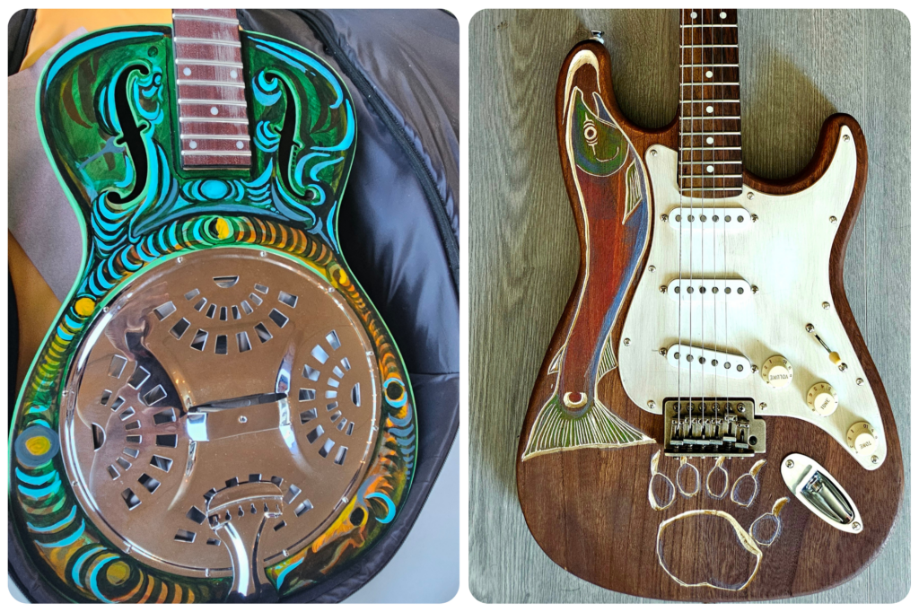 Side by side images of electric wood guitars with First Nations artwork