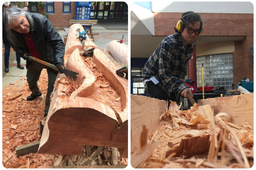 Side by side images of med carving a totem pole