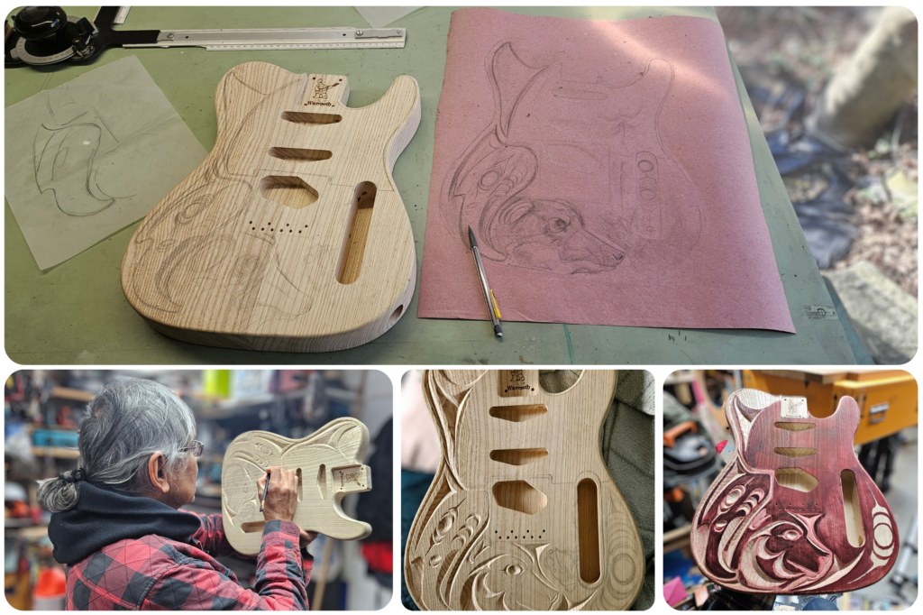 Images depiciting the stages of carving First Nations artowwork onto the wood body of an electric guitar