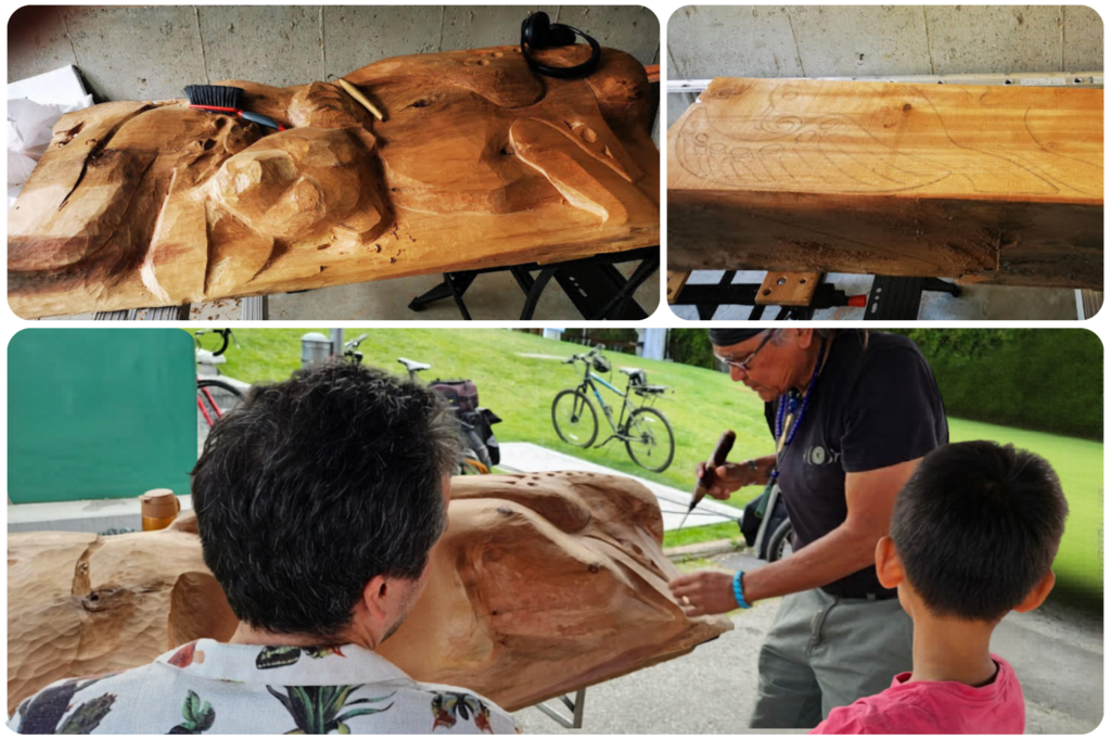 Three images of the stages of carving a totem pole Top left is a mostly compelte section, top right is the drawing of a bird on the wood beam, bottom is a First Nations carver working on the pole while another man and boy watch.