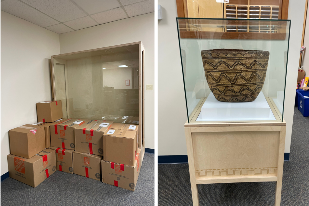 (Left) sealed boxes sit in front of a large display case. (Right) a basket sits in a small display case.